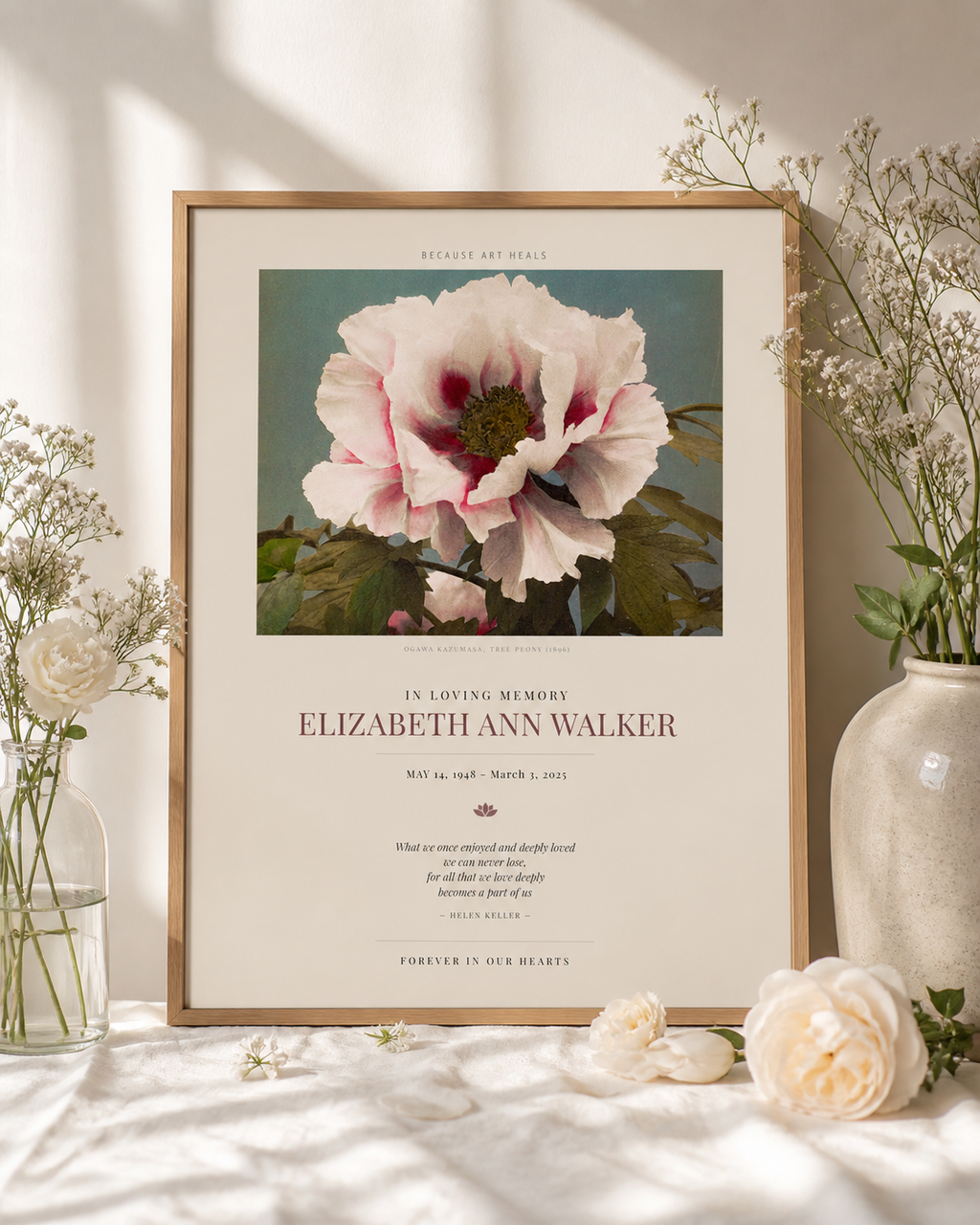 Personalized Memorial Poster – Custom Sympathy Print with Name & Dates – Ogawa Tree Peony Art – In Loving Memory Gift – Funeral or Celebration of Life Print