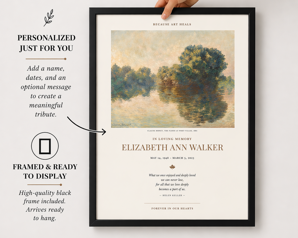 Framed Memorial Poster, Monet Seine at Giverny Print, Personalized with Black Frame