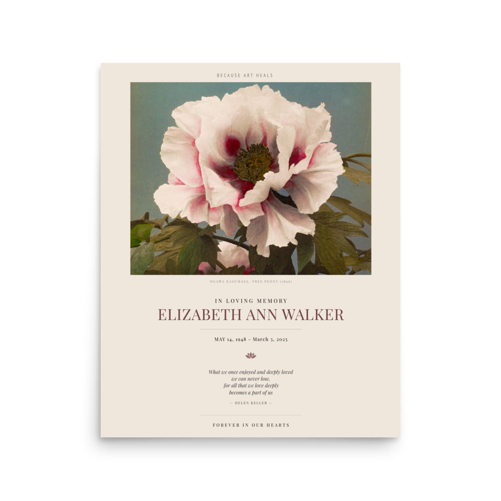 Personalized Memorial Poster – Custom Sympathy Print with Name & Dates – Ogawa Tree Peony Art – In Loving Memory Gift – Funeral or Celebration of Life Print