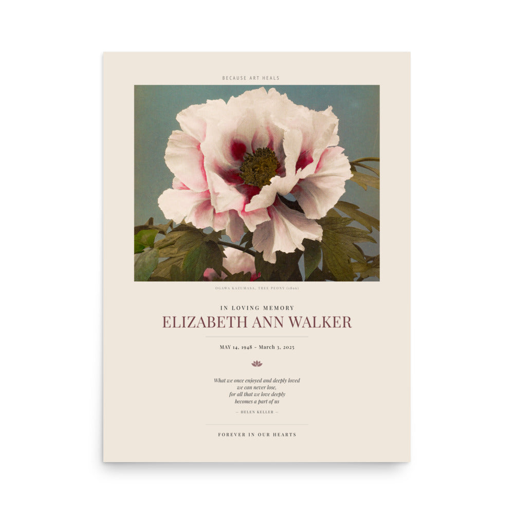 Personalized Memorial Poster – Custom Sympathy Print with Name & Dates – Ogawa Tree Peony Art – In Loving Memory Gift – Funeral or Celebration of Life Print