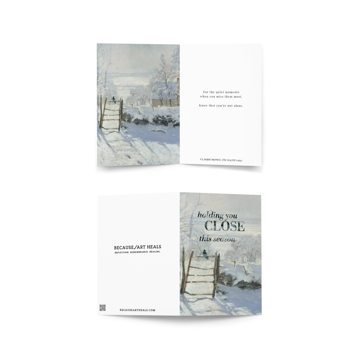 Holding You Close Holiday Memorial Card; Monet Magpie